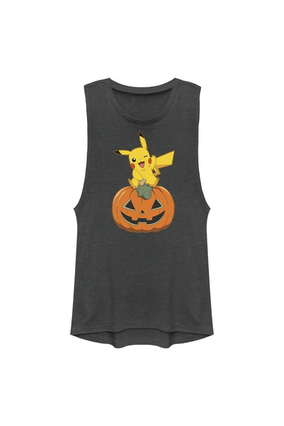 Junior's Pokemon Halloween Jack-O'-Lantern Pikachu Festival Muscle Graphic Tee Charcoal Large