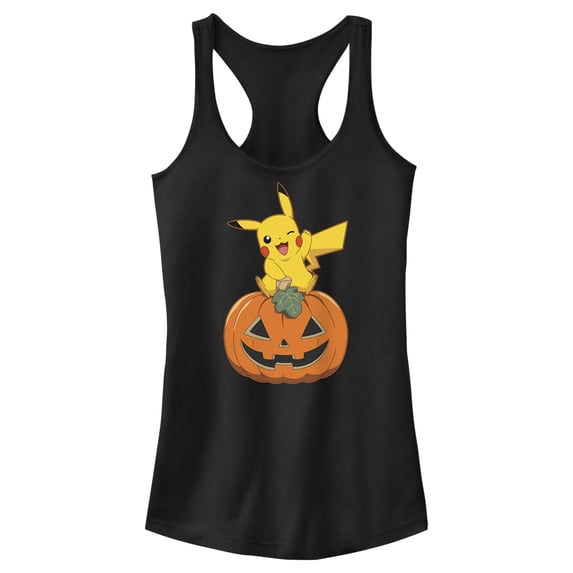 Junior's Pokemon Halloween Jack-O'-Lantern Pikachu Racerback Tank Top Black 2X Large