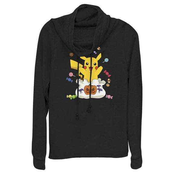 Junior's Pokemon Halloween Pikachu Candy Bag Cowl Neck Sweatshirt Black 2X Large