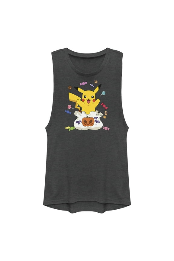 Junior's Pokemon Halloween Pikachu Candy Bag Festival Muscle Graphic Tee Charcoal Large