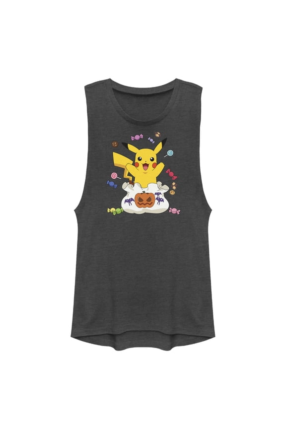 Junior's Pokemon Halloween Pikachu Candy Bag Festival Muscle Graphic Tee Charcoal X Large