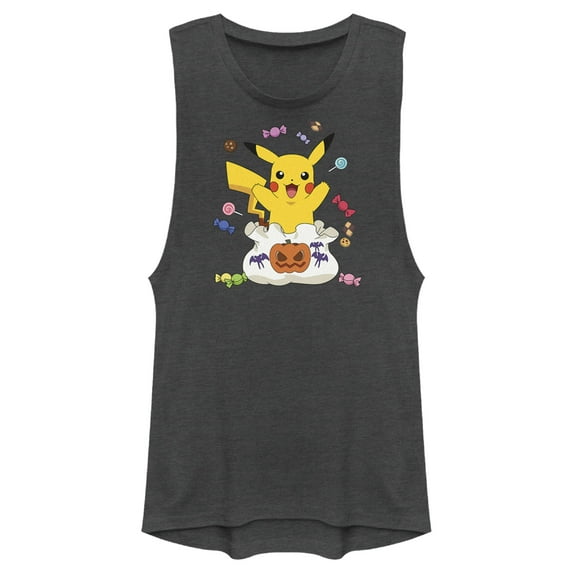 Junior's Pokemon Halloween Pikachu Candy Bag Festival Muscle Graphic Tee Charcoal X Small