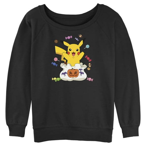 Junior's Pokemon Halloween Pikachu Candy Bag Sweatshirt Black Small