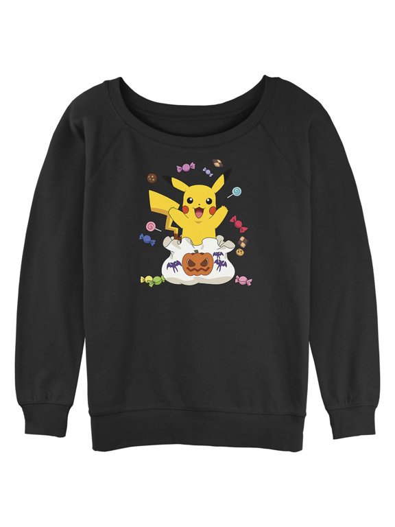 Junior's Pokemon Halloween Pikachu Candy Bag Sweatshirt Black X Large
