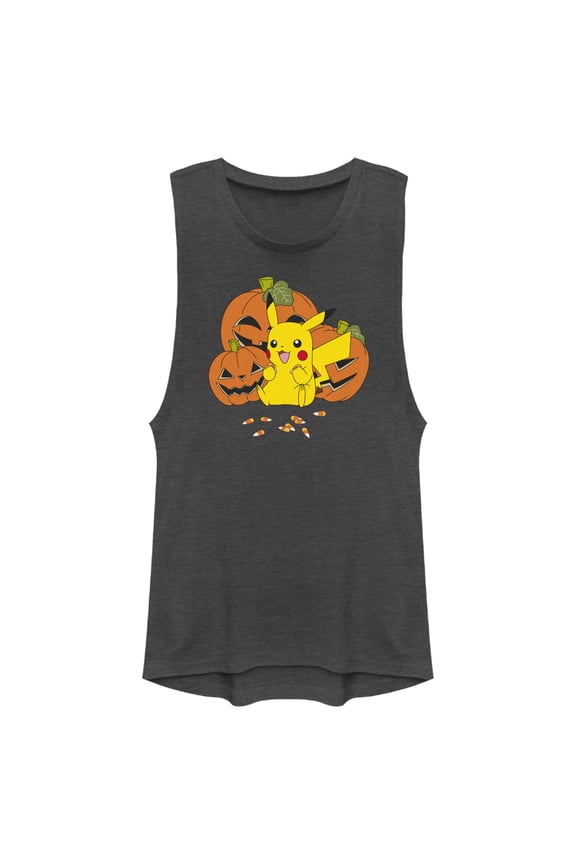 Junior's Pokemon Halloween Pikachu Jack-O'-Lanterns Festival Muscle Graphic Tee Charcoal X Small