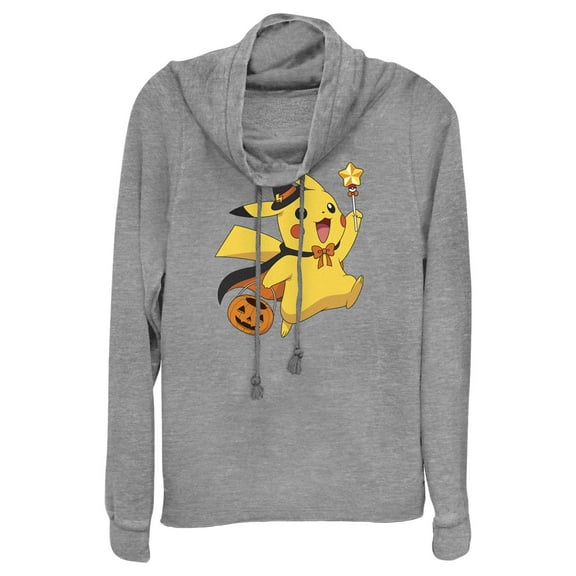 Junior's Pokemon Halloween Pikachu Wizard Cowl Neck Sweatshirt Gray Heather Small