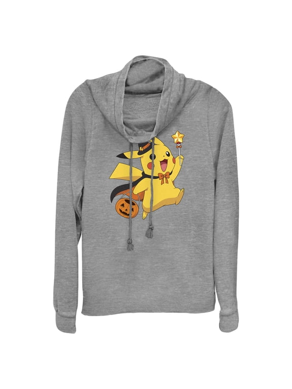 Junior's Pokemon Halloween Pikachu Wizard Cowl Neck Sweatshirt Gray Heather X Large