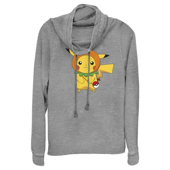 Junior's Pokemon Halloween Pumpkin Pikachu Cowl Neck Sweatshirt Gray Heather Large