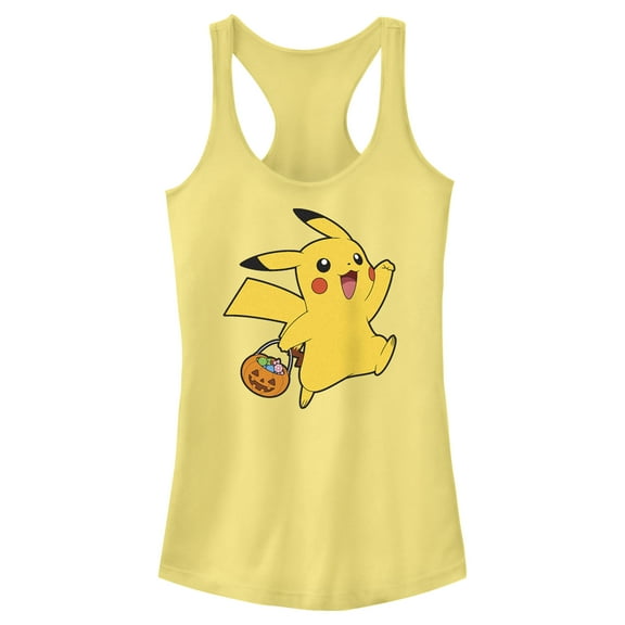 Junior's Pokemon Halloween Trick-or-Treating Pikachu Racerback Tank Top Banana Medium