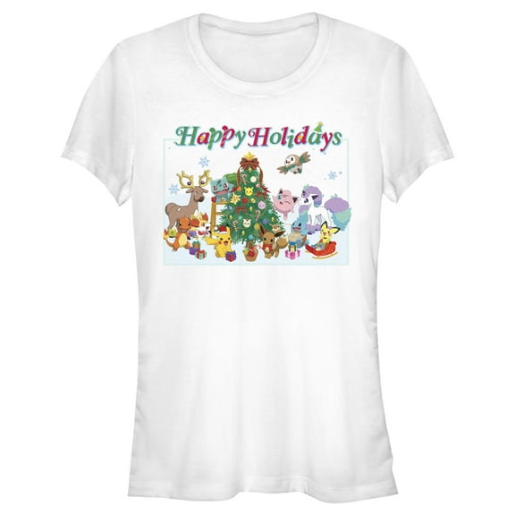 Junior's Pokemon Happy Holidays Crew  Graphic Tee White X Large
