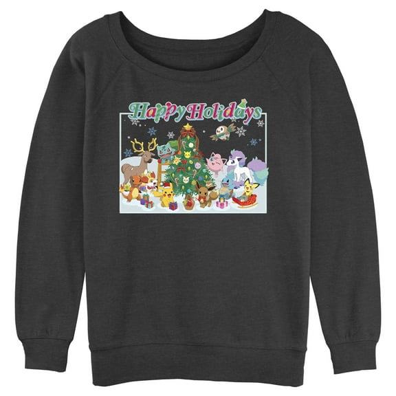Junior's Pokemon Happy Holidays Crew Sweatshirt Charcoal Heather 2X Large