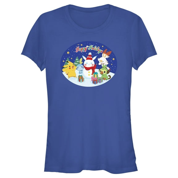 Junior's Pokemon Happy Holidays Snowman Pikachu Graphic Tee Royal Blue Small