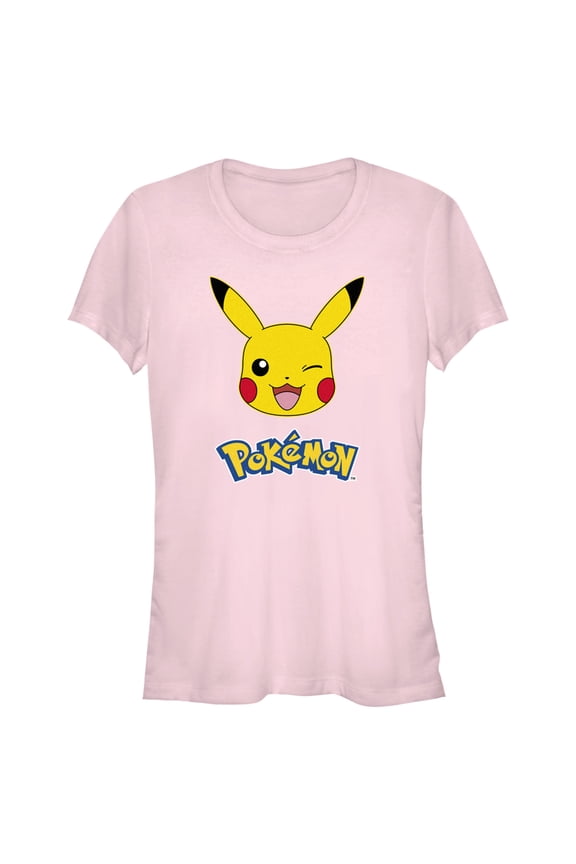 Junior's Pokemon Logo Pikachu Wink Graphic Tee Light Pink Medium