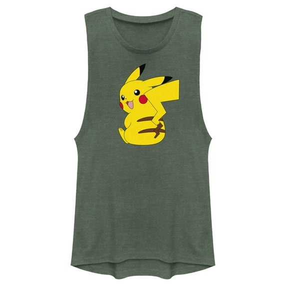 Junior's Pokemon Pikachu Sitting Portrait Festival Muscle Graphic Tee Pine Green Heather 2X Large
