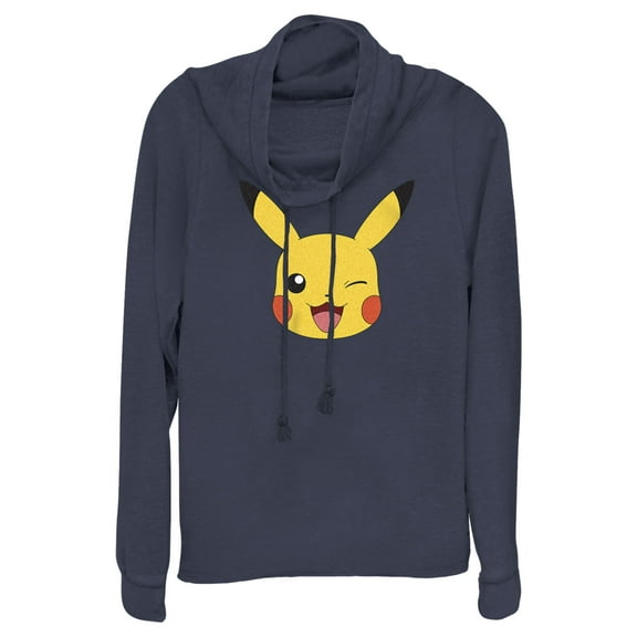 Junior's Pokemon Pikachu Wink Face Cowl Neck Sweatshirt Navy Blue Large