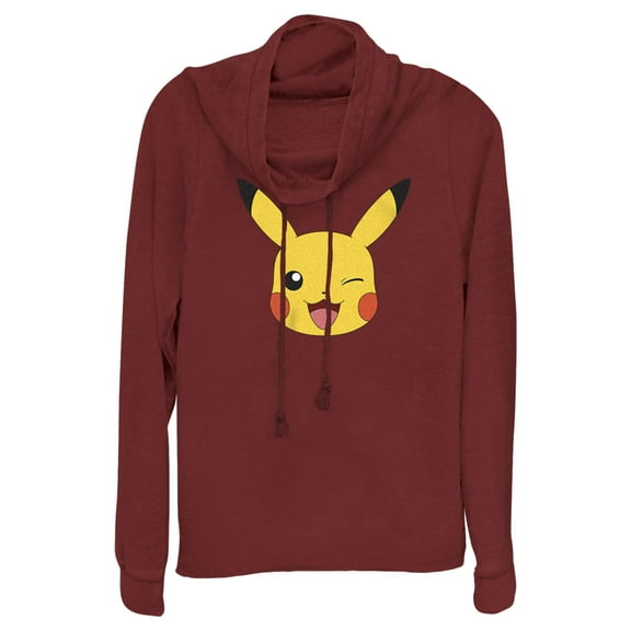Junior's Pokemon Pikachu Wink Face  Cowl Neck Sweatshirt Scarlet Large