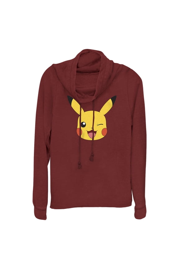 Junior's Pokemon Pikachu Wink Face Cowl Neck Sweatshirt Scarlet Large