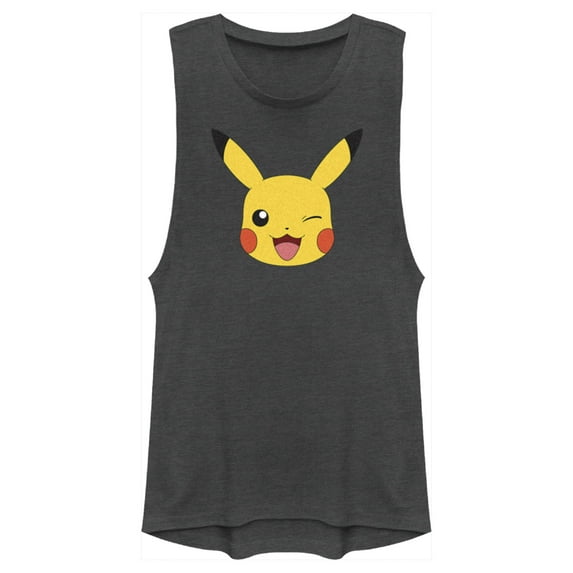 Junior's Pokemon Pikachu Wink Face Festival Muscle Graphic Tee Charcoal 2X Large