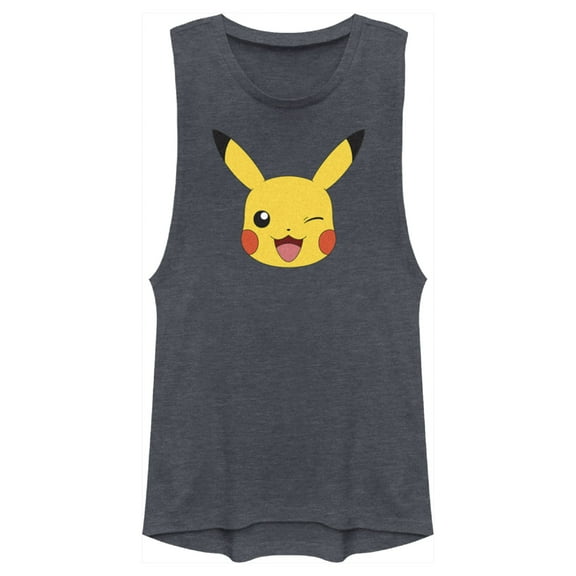 Junior's Pokemon Pikachu Wink Face Festival Muscle Graphic Tee Denim Blue Heather Medium
