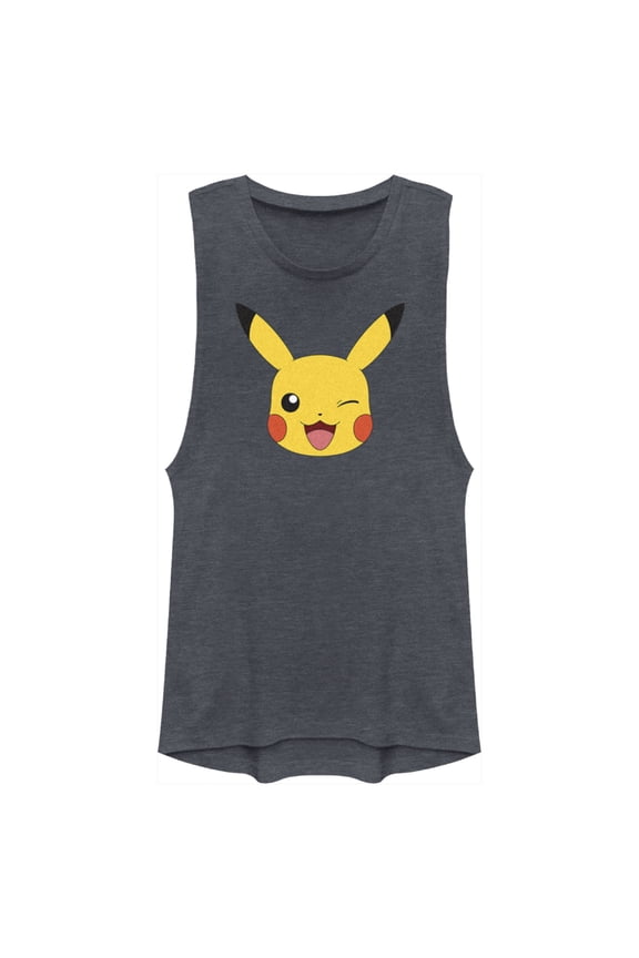 Junior's Pokemon Pikachu Wink Face  Festival Muscle Graphic Tee Denim Blue Heather X Small