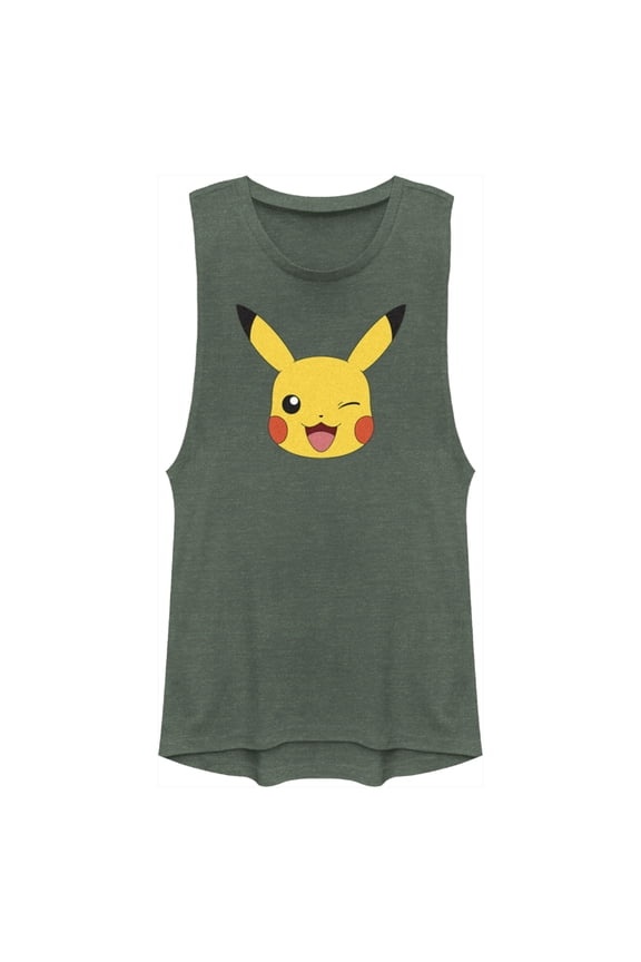 Junior's Pokemon Pikachu Wink Face Festival Muscle Graphic Tee Pine Green Heather Large