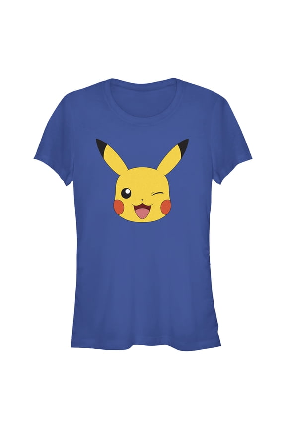 Junior's Pokemon Pikachu Wink Face  Graphic Tee Royal Blue X Large