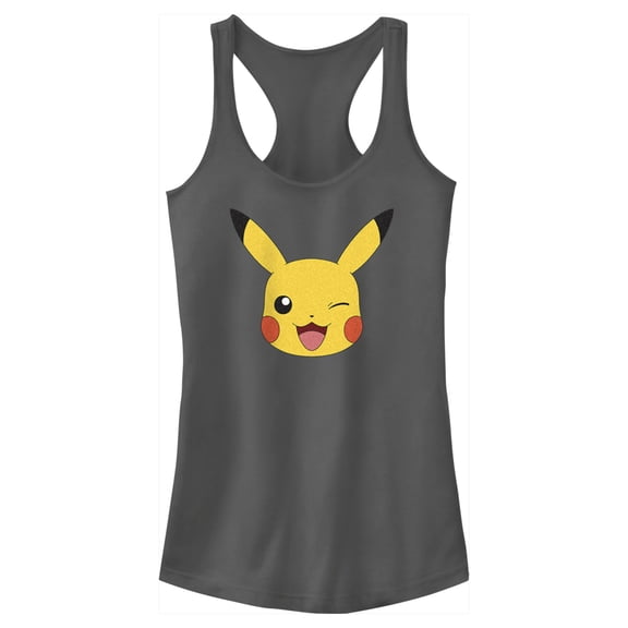Junior's Pokemon Pikachu Wink Face  Racerback Tank Top Charcoal Small