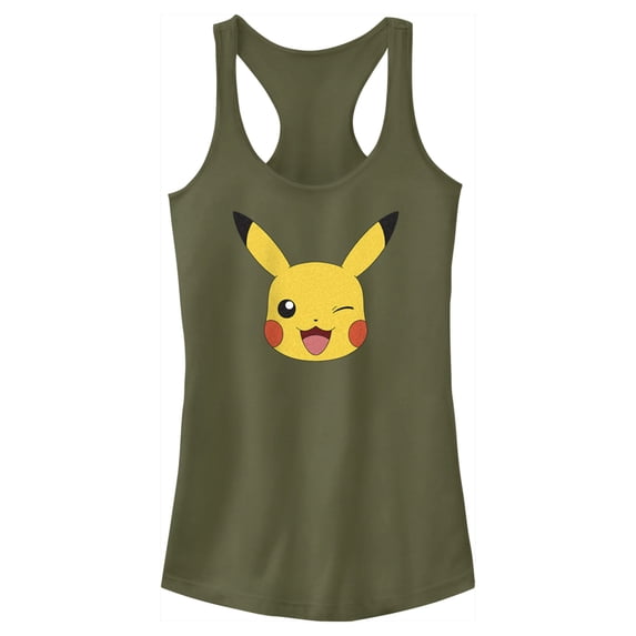 Junior's Pokemon Pikachu Wink Face Racerback Tank Top Military Green Small