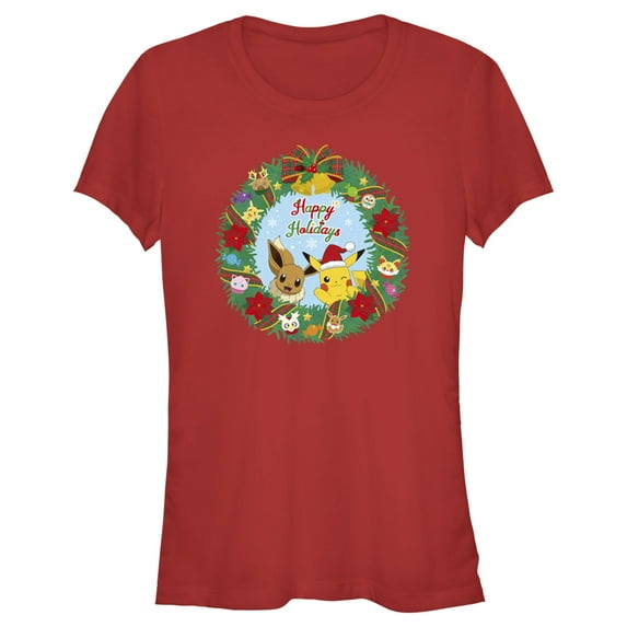 Junior's Pokemon Pikachu and Eevee Happy Holidays Graphic Tee Red Large
