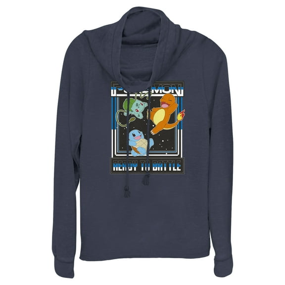 Junior's Pokemon Ready To Battle Trio Cowl Neck Sweatshirt Navy Blue Large