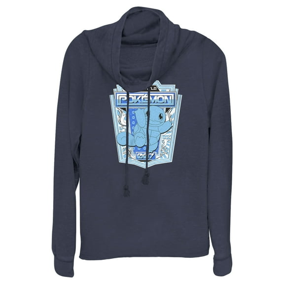 Junior's Pokemon Squirtle Metallic Badge Cowl Neck Sweatshirt Navy Blue 4X Large