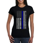 KOYOTEE Junior's Police Flag V Blue Thin Line Black T-Shirt Small Black
