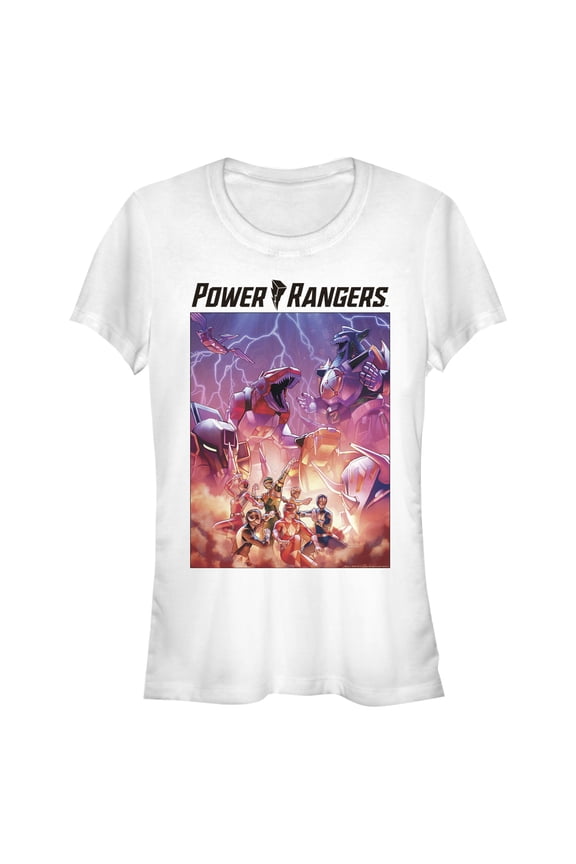 Junior's Power Rangers Lightning Storm Battle Graphic Tee White Medium