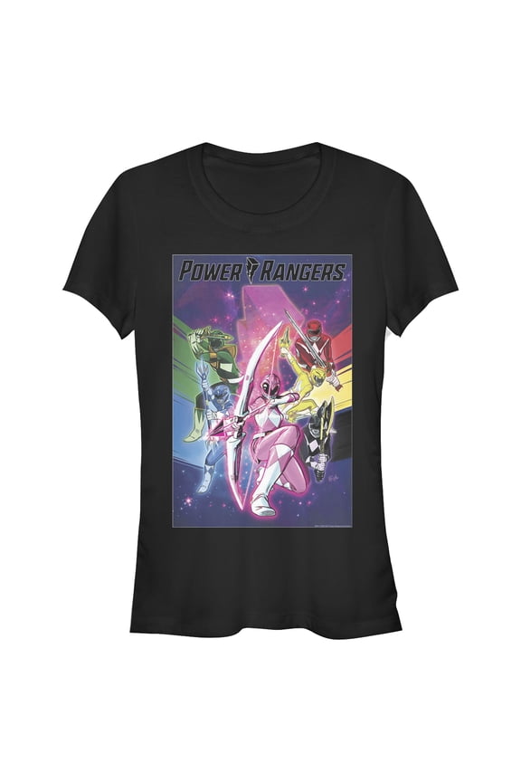Junior's Power Rangers Rainbow Poster  Graphic Tee Black Large