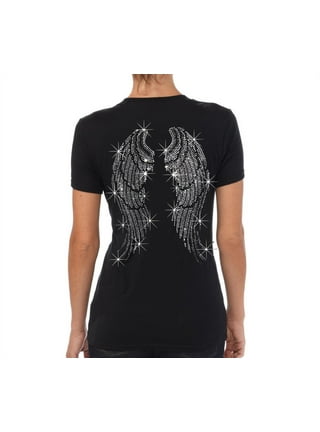 Womens Tops Shirts Long Angel Wings Bling Rhinestones Ripped Cut Out,Sassy  Cute Sexy Graphic Summer T-Shirts,Short