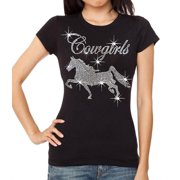KOYOTEE Junior's Rhinestone Cowgirl Horse Black T-Shirt Small Black