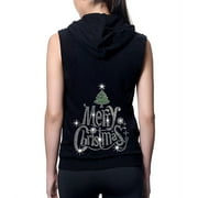 KOYOTEE Junior's Rhinestone Merry Christmas Tree Black Sleeveless Fleece Zipper Hoodie Medium Black