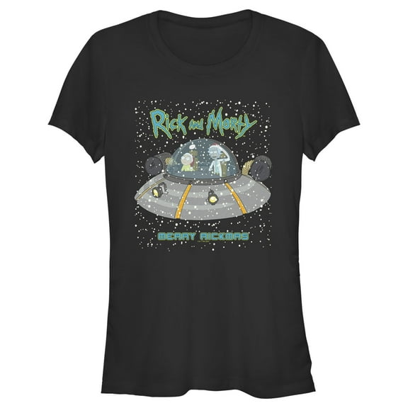 Junior's Rick And Morty Snowing Spaceship Merry Rickmas  Graphic Tee Black X Large