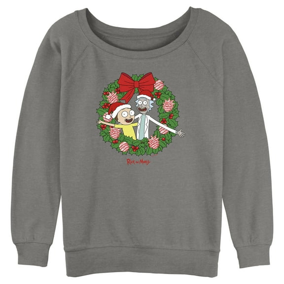 Junior's Rick and Morty Christmas Wreath  Sweatshirt Gray Heather Medium
