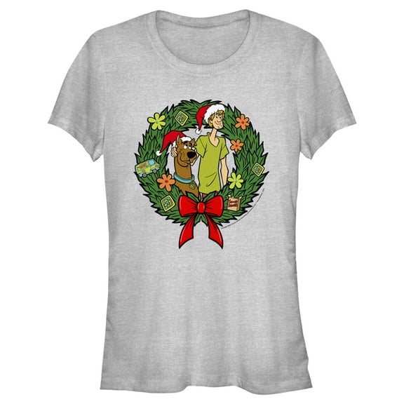 Junior's Scooby Doo Christmas Shaggy and Scooby Wreath Graphic Tee Athletic Heather Medium