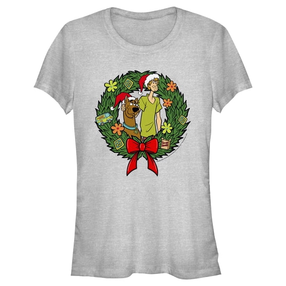 Junior's Scooby Doo Christmas Shaggy and Scooby Wreath Graphic Tee Athletic Heather Small