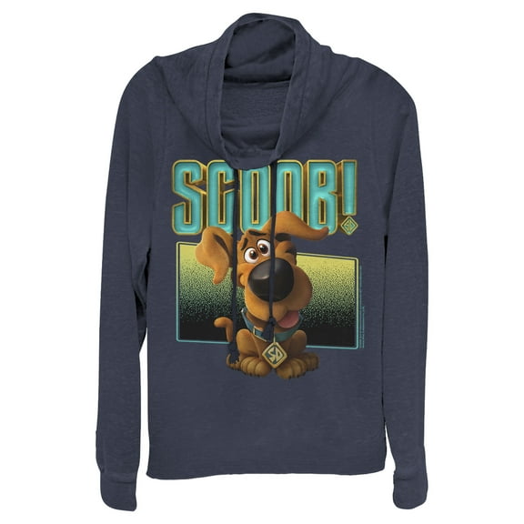 Junior's Scooby Doo Puppy Frame  Cowl Neck Sweatshirt Navy Blue Medium
