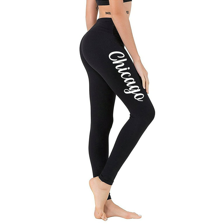 Junior's Script Chicago V837 Black Athletic Workout Leggings Thights One  Size + (XL-3XL)
