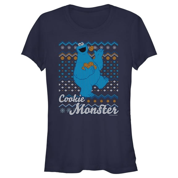 Junior's Sesame Street Cookie Monster Ugly Christmas Sweater Print  Graphic T-Shirt