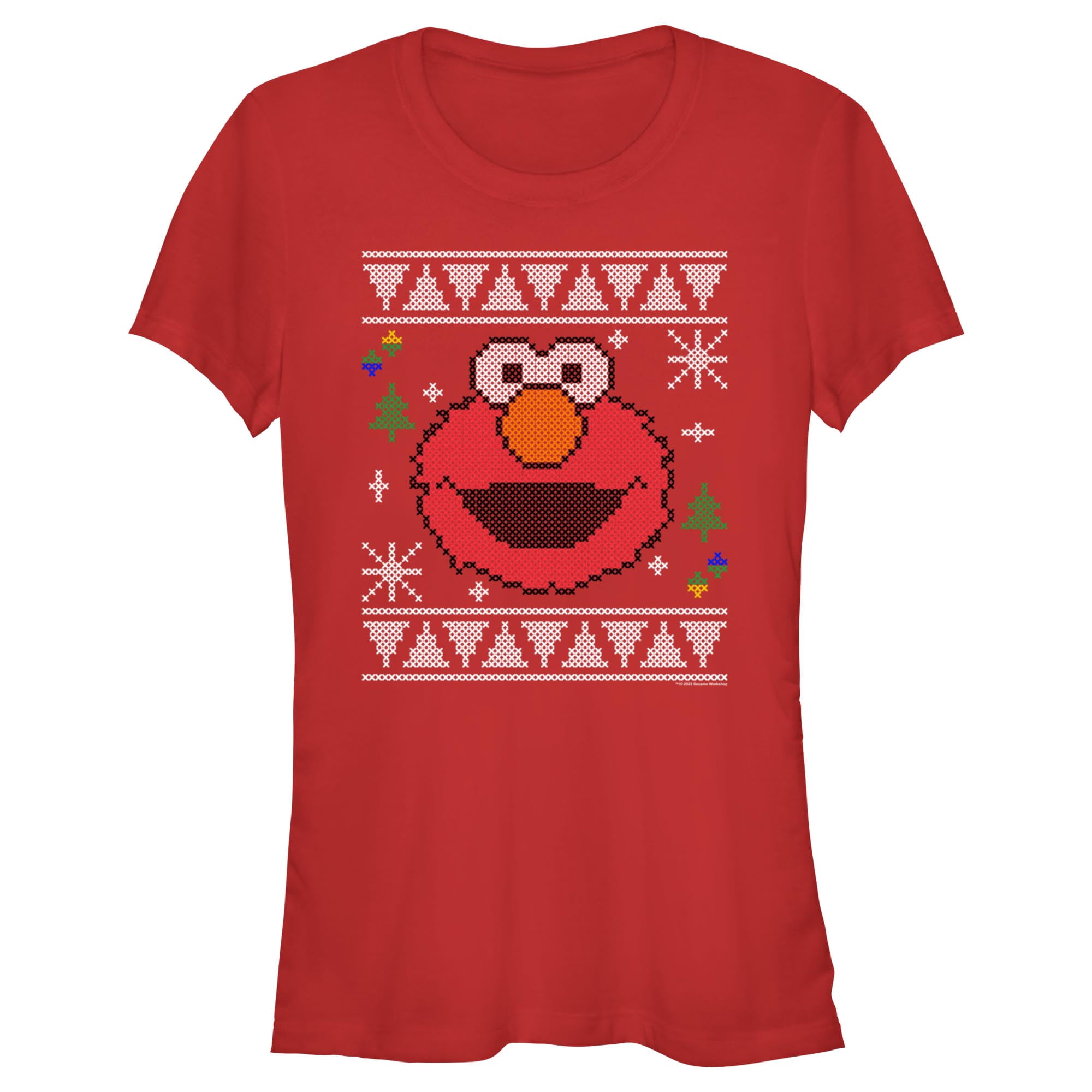 Junior's Sesame Street Elmo Face Ugly Christmas Sweater Print Graphic T ...