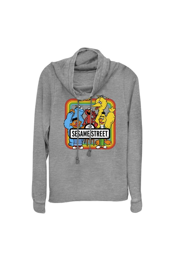 Junior's Sesame Street Rainbow Box Group Portrait Cowl Neck Sweatshirt