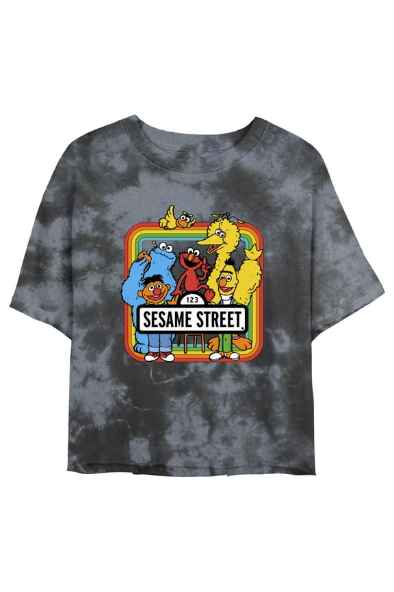 Junior's Sesame Street Rainbow Box Group Portrait Graphic Crop T-Shirt