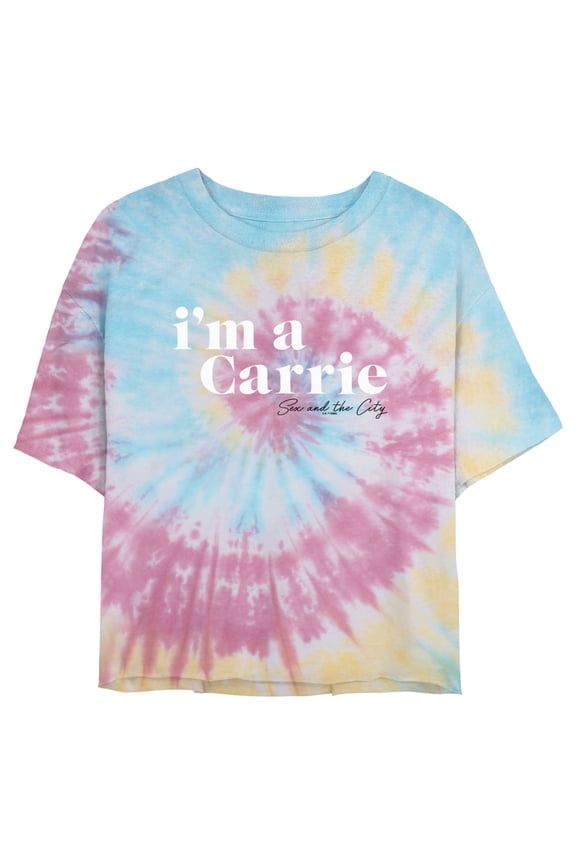 Juniors' Sex and the City I'm a Carrie Text Cropped T-Shirt Blue/Pink/Light Yellow Medium