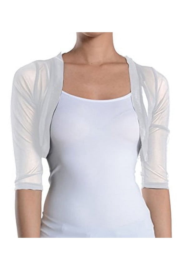 Junior's Sheer Chiffon Bolero Mesh Shrug Jacket Cardigan 3/4 Sleeve (X-Large, White)