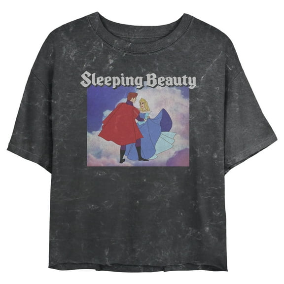 Junior's Sleeping Beauty Distressed Aurora and Prince Phillip Dance Scene Graphic Crop T-Shirt Black 2X Large